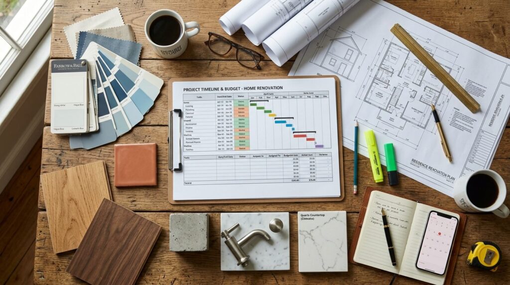Overhead view of a detailed renovation project timeline and