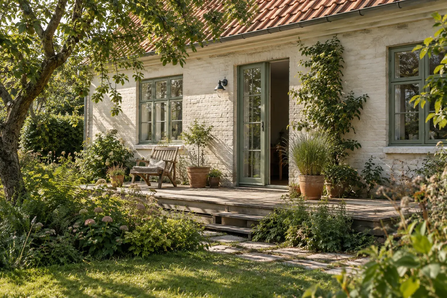 Lyst hus med grønne vinduer, træterrasse og frodig have. AI-genereret inspirationsbillede.