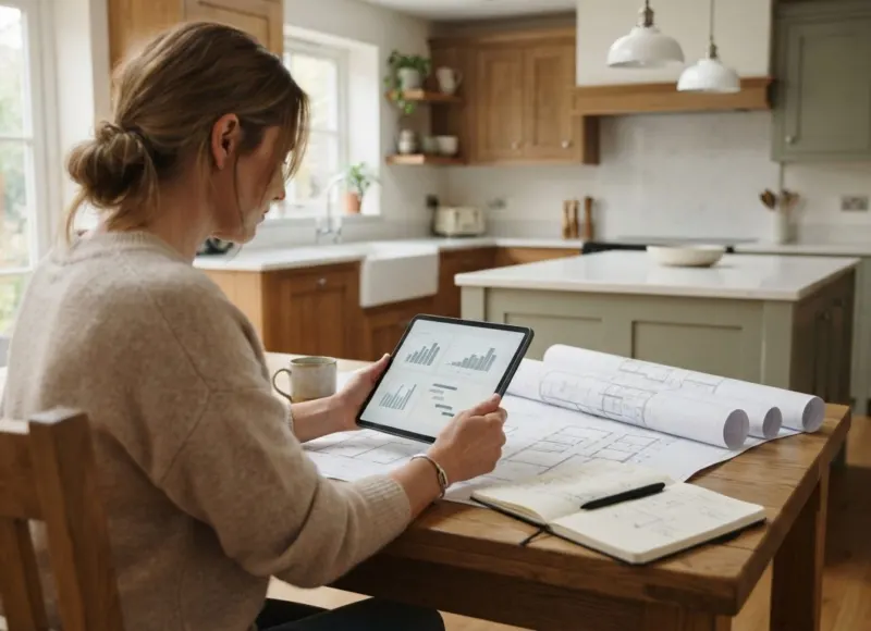 Husejer gennemgår renoveringstilbud på tablet med arkitekttegninger på køkkenbordet.